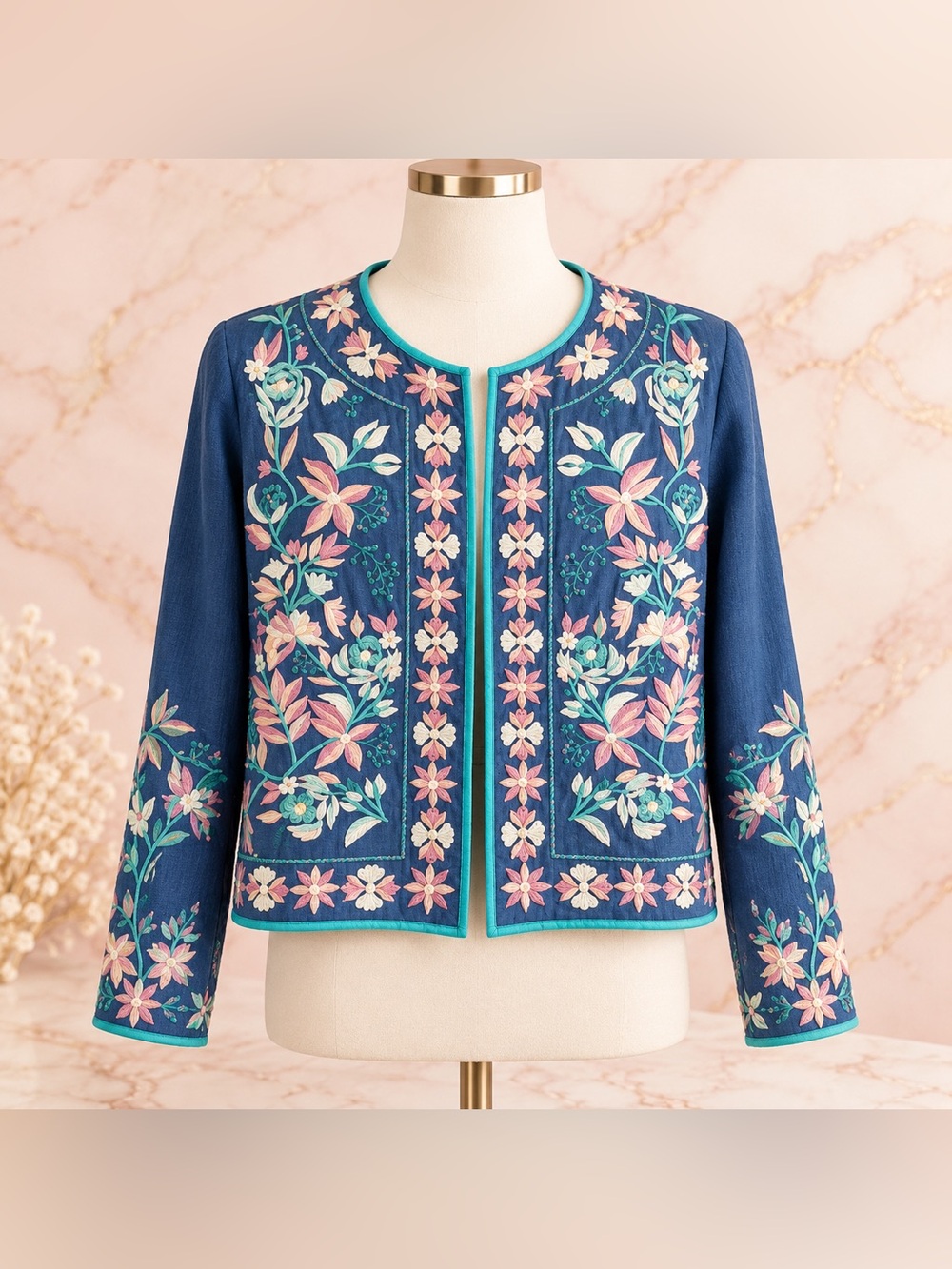 La Bellum Hillary Scott Embroidered Floral Jacket Small Blue Boho Jacket